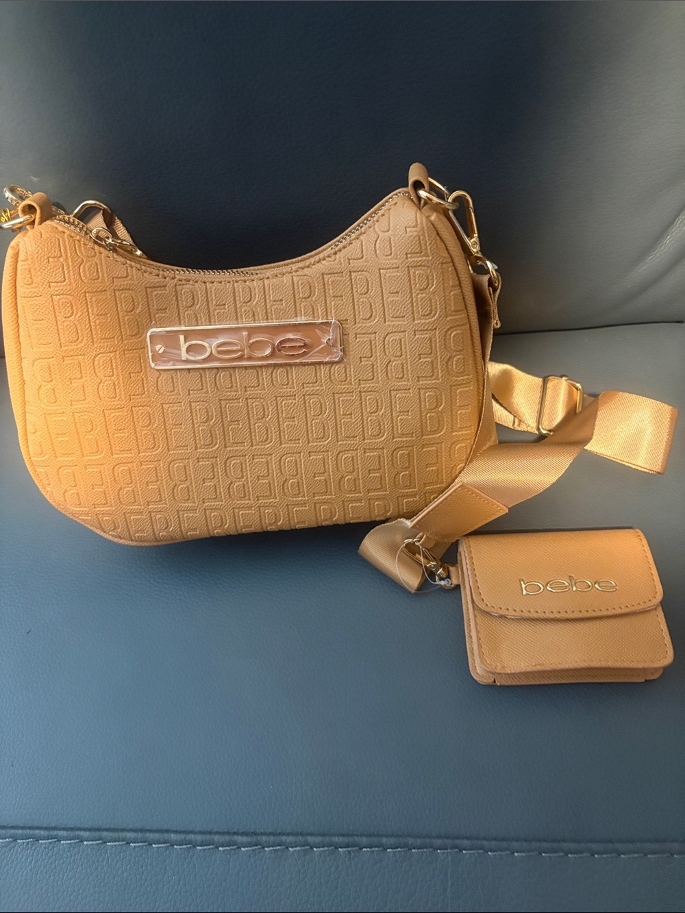 bebe Camel/Tan Embossed Logo crossbody Bag with Coin Pouch